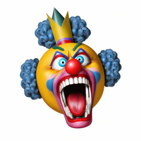 Funny clown emoticon with a crown and blue eyes - 3d illustrationの素材