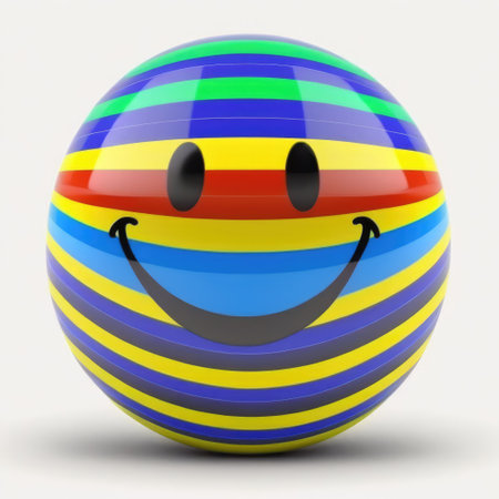Smiling ball with colorful stripes on white background. 3D rendering.の素材