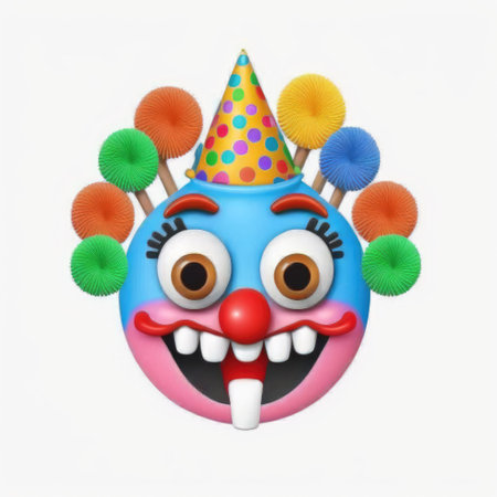 3d rendering of a clown face with party hat on white backgroundの素材