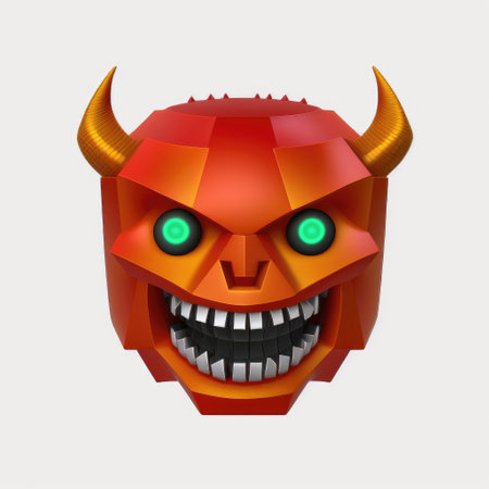 Vector illustration of a red devil head with horns and green eyes.の素材