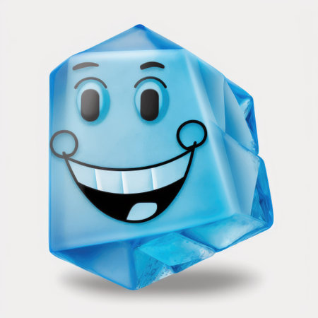 Blue ice cube with smiling face isolated on white background. 3d renderの素材