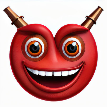 Smiling red emoticon with eyes and mouth isolated on white backgroundの素材