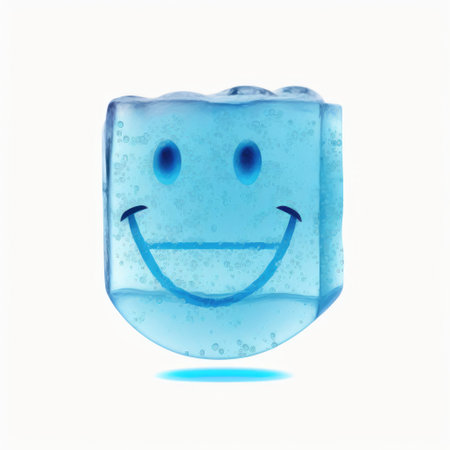 Illustration of a blue ice cube with smiling face on a white backgroundの素材