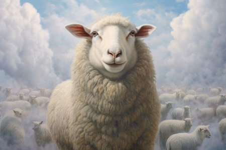 Sheep and lambs in the clouds. 3D illustration.の素材
