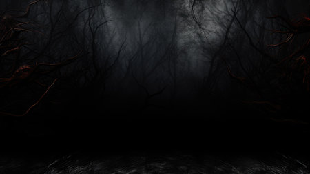 Creepy Halloween background with scary dark forest. 3D Renderingの素材