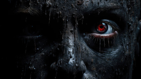 Close up of scary zombie woman face with blood on black background. Horror Halloween concept.の素材