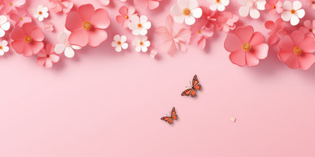 Paper flowers and butterflies on pastel pink background with copy space.の素材