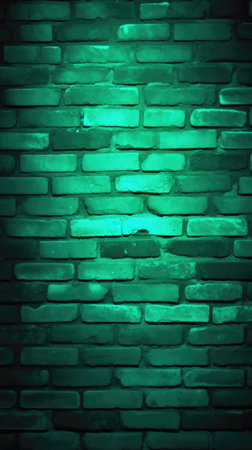 Green brick wall with light and shadow. Abstract background and texture for design.の素材