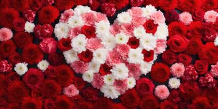 Heart shape made of red and white carnation flowers on dark backgroundの素材
