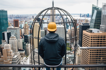 A man in a helmet looking at the city from the observation deckの素材