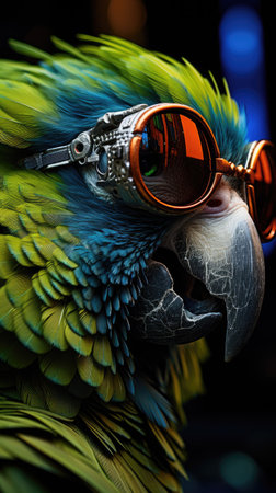 Portrait of a colorful macaw parrot with sunglasses, close upの素材