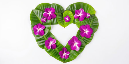 Heart shape made of purple flowers on green leaf isolated on white backgroundの素材