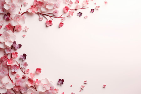 Beautiful flowers on white background, top view. Space for textの素材