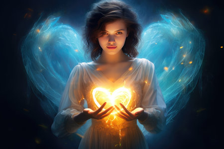 Beautiful young woman in a white dress with angel wings in the shape of a heart.の素材