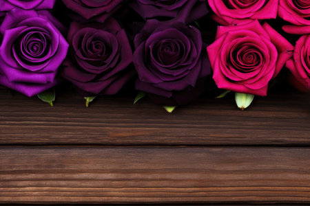 Purple roses on wooden background. Top view with copy space.の素材
