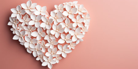White paper flowers in the form of heart on a pink background.の素材