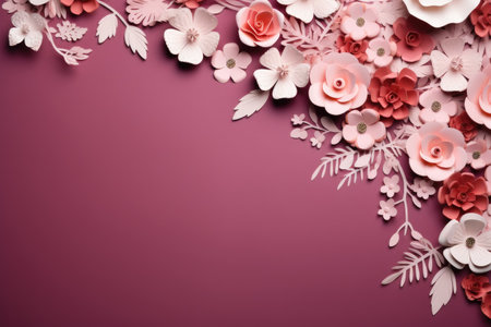 Paper flowers on the pink background with copy space. Floral backgroundの素材