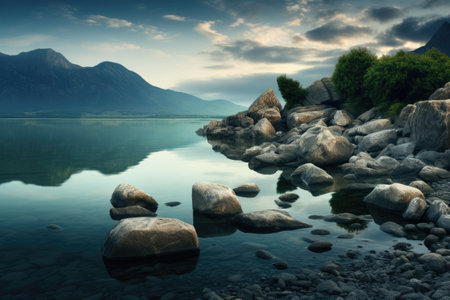 Mountain lake with stones in the foreground and reflection in water.の素材