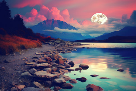 Beautiful mountain lake at night in full moon light. Composition of nature.の素材