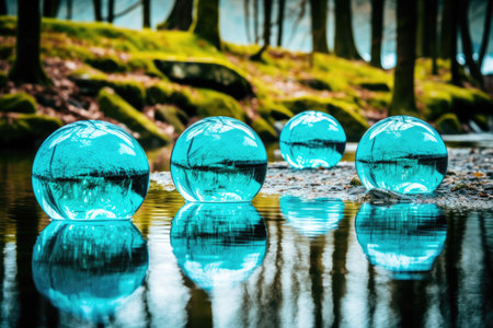 crystal ball on the water in the forest, blue tone.の素材