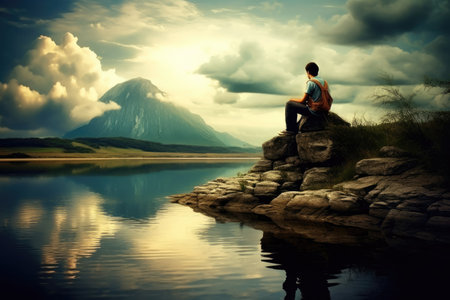 Man sitting on a rock by the lake and looking at the mountain.の素材