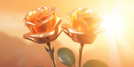3d render of two orange roses with sun rays in the backgroundの素材