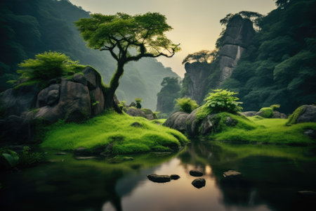 Landscape of japanese zen garden with beautiful tree and pondの素材