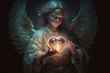Angel with heart in hands. 3D rendering. Fantasy illustration.の素材