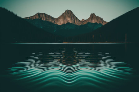 Beautiful view of the mountains reflected in a lake at sunset.の素材