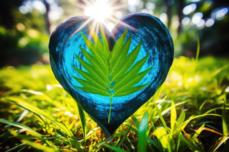 Heart shape made of palm leaf on green grass with sun flare.の素材