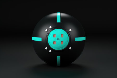 Black sphere with blue buttons isolated on black background. 3d illustrationの素材