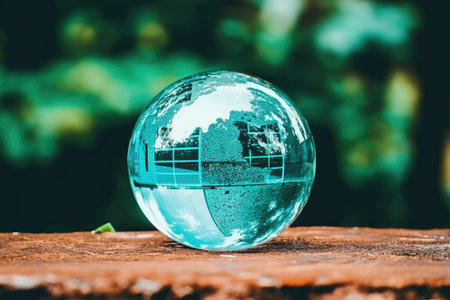 Glass globe on a wooden table in the park with green background.の素材