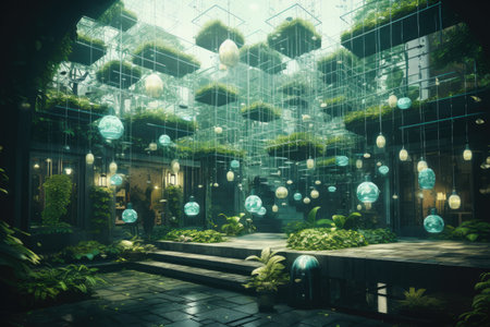 3D rendering of a beautiful green garden with plants and light bulbsの素材