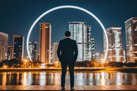 Back view of young businessman looking at modern city at night. Technology conceptの素材