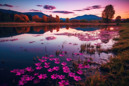 Beautiful autumn landscape with pink flowers on the lake at sunset.の素材