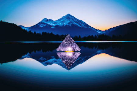Reflection of mountains in the water with a crystal ball on the surfaceの素材
