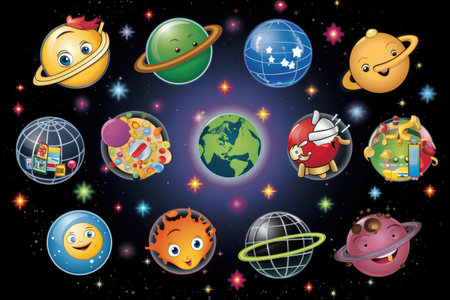 Cartoon space elements set with planets, stars and other planets.の素材