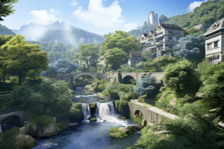 Waterfall in a Japanese garden with a stone bridge in the backgroundの素材