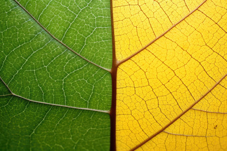 Leaf texture background. Close up of green and yellow leaf texture.の素材