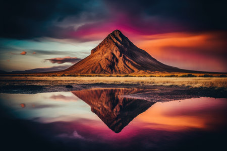 Mt. Kirkjufell reflected in water, Iceland.の素材