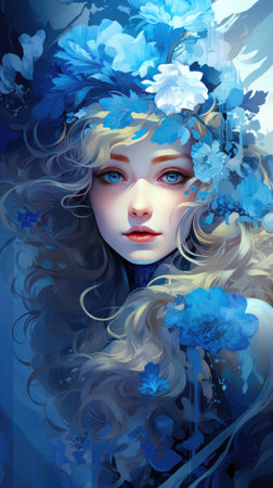 Beautiful young woman with blue flowers in her hair. Digital painting.の素材
