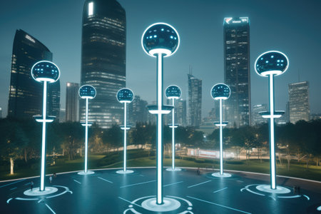 Futuristic city scape with glowing street lamps. Future and technology concept. Double exposureの素材