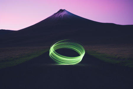 3d rendering of an abstract landscape with a trail and a volcanoの素材