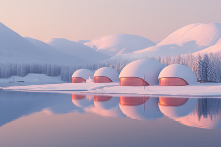 Winter landscape with red tents on the frozen lake. 3d renderの素材
