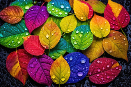 Colorful autumn leaves with water droplets on black wet background.の素材