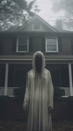 Creepy ghost woman standing in front of a house in the fogの素材