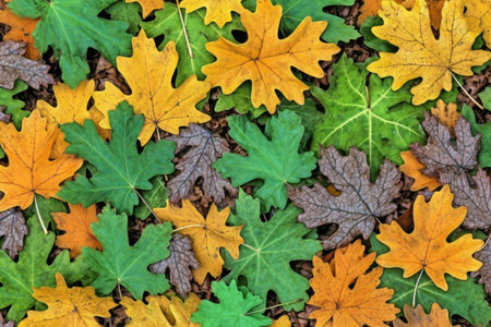 Colorful autumn leaves background. Top view of fallen oak leaves.の素材