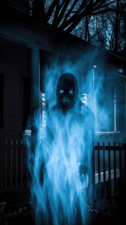 Scary halloween man in haunted house with blue smoke on backgroundの素材