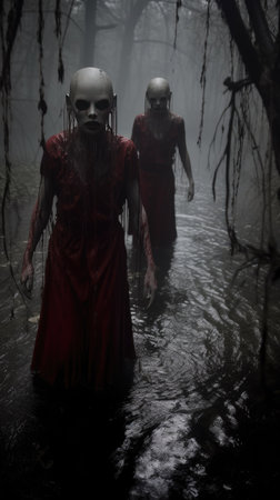 Two scary zombies in the middle of a forest river. Halloween.の素材