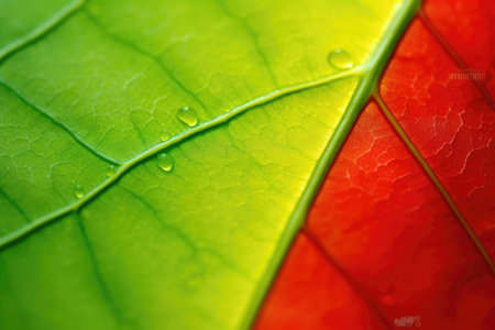 Close up of green leaf with water droplets. Nature background.の素材